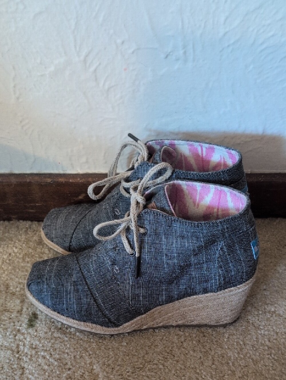 Toms Gray Lace-Up Wedge Oxfords Toms Desert Wedge Black Chambray Women - Picture 4 of 10